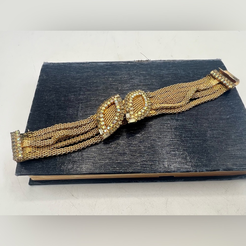 Rare vintage HOBE gold & AB rhinestone costume bracelet 7” multi strand chain - Picture 3 of 14